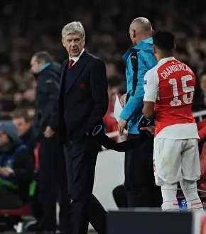 Arsenal V Bayern Munich 2015/16 Prints: Arsene Wenger Consults with Alex Oxlade-Chamberlain during Arsenal vs