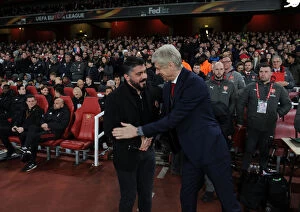 Images Dated 15th March 2018: Arsene Wenger and Gennaro Gattuso: A Pre-Match Handshake Before Arsenal vs