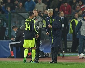 PFC Ludogorets Razgrad v Arsenal 2016-17 Collection: Arsene Wenger Gives Instructions to Francis Coquelin during Arsenal's UEFA Champions League Match