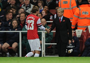 Arsenal V Chelsea - Capital One Cup 4th Rd 2013-14 Prints: Arsene Wenger and Nicklas Bendtner: A Moment After Substitution - Arsenal vs Chelsea