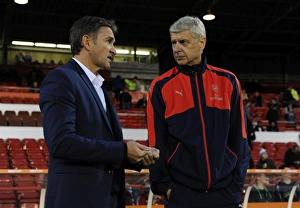 Nottingham Forest V Arsenal EPL Cup 3rd Round 2016-17 Prints: Arsene Wenger and Philippe Montanier: Pre-Match Encounter at Nottingham Forest vs
