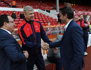 Nottingham Forest V Arsenal EPL Cup 3rd Round 2016-17 Prints: Arsene Wenger and Philippe Montanier: Pre-Match Encounter at Nottingham Forest vs