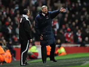 Arsenal V Wigan Athletic 2011-12 Prints: Arsene Wenger Protests to Referee Kevin Friend during Arsenal vs Wigan Athletic