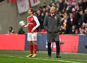 Arsenal V Manchester City - Carabao Cup Final 2018 Prints: Arsene Wenger Watching on as Nacho Monreal Prepares to Throw-In at Arsenal v Manchester City Carabao Cup Final