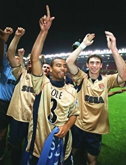 Man Utd v Arsenal Collection: Ashley Cole and Martin Keown celebrate the Arsenal Championship victory after the match