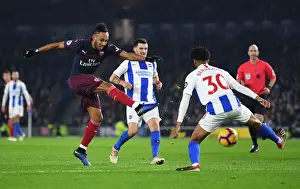 Brighton And Hove Albion V Arsenal 2018-19 Prints: Aubameyang Faces Off Against Bernardo: Intense Moment from Brighton vs