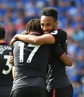 Huddersfield Town V Arsenal 2017-18 Prints: Aubameyang and Iwobi Celebrate Goal: Huddersfield Town vs. Arsenal, Premier League 2017-18