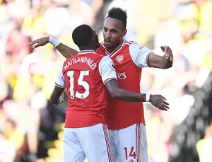 Aubameyang and Maitland-Niles Celebrate Arsenal's Victory over Watford (2019-20)