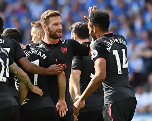 Huddersfield Town V Arsenal 2017-18 Prints: Aubameyang and Mustafi Celebrate Arsenal's Goal Against Huddersfield Town
