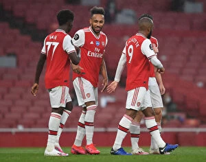 Images Dated 7th July 2020: Aubameyang and Saka Celebrate Arsenal's Goal Against Leicester City (2019-20)