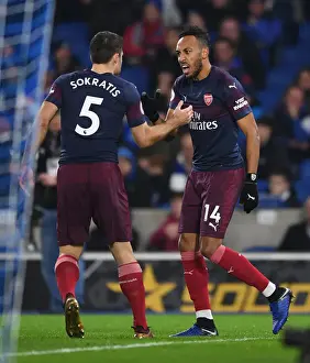Brighton And Hove Albion V Arsenal 2018-19 Prints: Aubameyang and Sokratis Celebrate Arsenal's Goal Against Brighton & Hove Albion