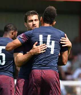 Aubameyang and Sokratis: Celebrating a Goal for Arsenal in Borehamwood Friendly