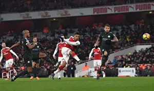 Arsenal V Manchester City 2017-18 Prints: Aubameyang vs. Otamendi and Kompany: Intense Moment from Arsenal vs