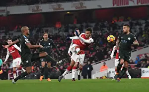 Arsenal V Manchester City 2017-18 Prints: Aubameyang vs Otamendi-Kompany: Intense Moment at Arsenal vs Manchester City
