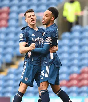 Aubameyang and Xhaka Celebrate Arsenal's Goal Against Burnley in Empty Turf Moor (2020-21)
