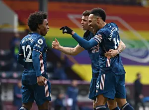 Aubameyang, Xhaka, and Willian Celebrate Goal for Arsenal Against Burnley in Empty Turf Moor (2020-21)