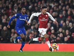 Arsenal v Everton 2017-18 Collection: Aubameyang's Agility: Outmaneuvering Martina in Arsenal's Premier League Victory