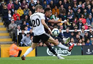 Fulham V Arsenal 2018-19 Prints: Aubameyang's Intense Fourth Goal for Arsenal Against Fulham Amidst Defensive Pressure
