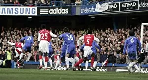 Chelsea v Arsenal 2007-08 Collection: Bacary Sagna (far left) scores Arsenals goal with a header from a corner