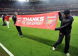 Arsenal V Wigan Athletic 2012-13 Prints: Ballboys banner during the lap of appreciation at the end of the match