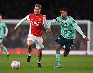 Arsenal v Leicester City 2021-22 Collection: Battle at the Emirates: Emile Smith Rowe vs James Justin - Arsenal vs Leicester City