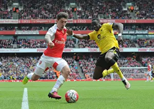 Arsenal V Aston Villa 2015-16 Prints: Bellerin vs. Cissokho: Intense Battle in Arsenal's Premier League Clash Against Aston Villa