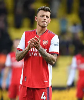 Ben White Celebrates with Arsenal Fans after Watford Victory, Premier League 2021-22