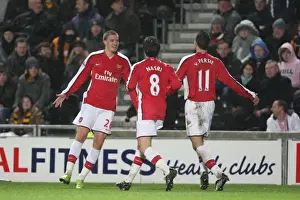 Hull City V Arsenal 2008-9 Prints: Bendtner, Van Persie, and Nasri: Celebrating Arsenal's 3rd Goal Against Hull City (17/1/2009)