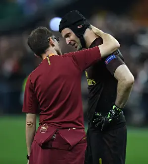 Arsenal V Chelsea Europa League Cup Final 2019 Prints: Bittersweet End: Cech Comforted by Garcia after Arsenal's Europa League Defeat to Chelsea (Baku)