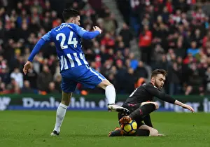 Brighton And Hove Albion V Arsenal 2017-18 Prints: Calum Chambers vs. Davy Propper: Intense Tackle in Brighton and Hove Albion vs