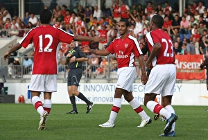Burgenland XI v Arsenal Gallery: Carlos Vela celebrates his 2nd goal iwth Theo Walcott and Jay Simpson