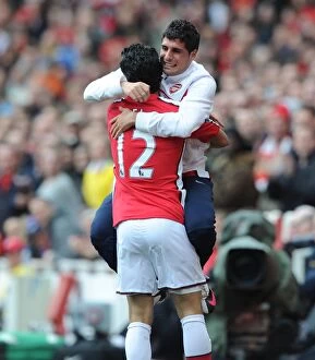 Images Dated 9th May 2010: Carlos Vela celebrates scoring the 4th Arsenal goal with Fran Merida. Arsenal 4: 0 Fulham