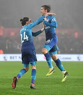 Swansea City V Arsenal 2017-18 Prints: Celebrating the Goal: Monreal and Bellerin Rejoice After Scoring for Arsenal Against Swansea