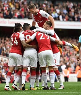 Arsenal v AFC Bournemouth 2017-18 Collection: Celebrating a Goal: Welbeck and Mustafi, Arsenal vs AFC Bournemouth, 2017-18