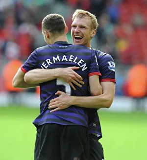 Celebrating Victory: Vermaelen and Mertesacker, Liverpool v Arsenal, 2012-13