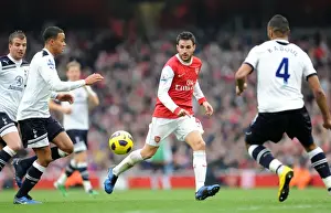 Arsenal V Tottenham Hotspur 2010-11 Prints: Cesc Fabregas (Arsenal) Jermaine Jenas and Younes Kaboul (Tottenham). Arsenal 2