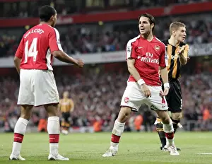 Cesc Fabregas celebrates Arsenals goal with Theo Walcott