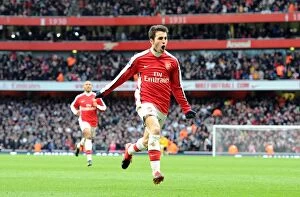 Arsenal v Aston Villa 2009-10 Collection: Cesc Fabregas celebrates scoring the 1st Arsenal goal. Arsenal 3: 0 Aston Villa