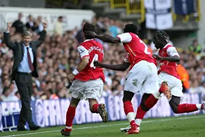 Cesc Fabregas celebrates scoring the 2nd Arsenal goal with Emmanuel Adebayor