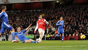 Arsenal V Chelsea 2010-11 Prints: Cesc Fabregas scores Arsenals 2nd goal under pressure from Branislav Invanovic