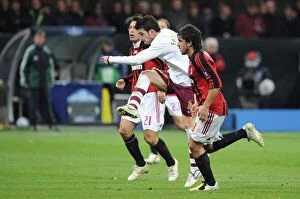 AC Milan v Arsenal 2007-8 Collection: Cesc Fabregas shoots past Gennaro Gattuso and Andrea Pirlo to score the 1st Arsenal goal