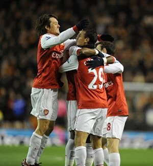 Wolverhampton Wanderers v Arsenal 2010-11 Collection: Chamakh and Rosicky: Arsenal's Unstoppable Duo Celebrate First Goals in 2-0 Win Over Wolverhampton