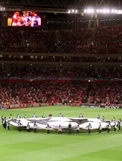 The Champions League Banner is held up before the match