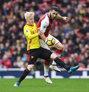 Arsenal V Watford 2017-18 Prints: Clash at Emirates: A Battle Between Sead Kolasinac and Will Hughes