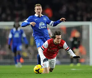 Arsenal V Everton 2013-14 Prints: Clash of Midfield Maestros: Rosicky vs Deulofeu - Arsenal vs Everton Premier League Showdown (2013)
