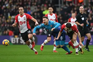 Southampton V Arsenal 2017-18 Prints: Clash of Midfielders: Ramsey vs. Hojbjerg & Romeu (Southampton vs. Arsenal, 2017-18)