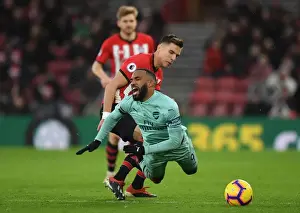 Southampton V Arsenal 2018-19 Prints: Clash at St. Mary's: Lacazette Fouls by Bednarek in Southampton vs Arsenal Premier League Encounter