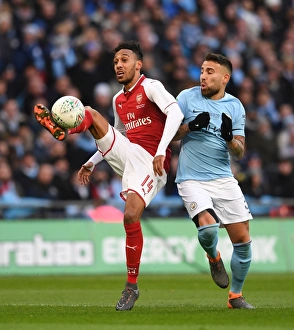 Arsenal V Manchester City - Carabao Cup Final 2018 Prints: Clash of Titans: Aubameyang vs. Otamendi - Arsenal vs. Manchester City Carabao Cup Final