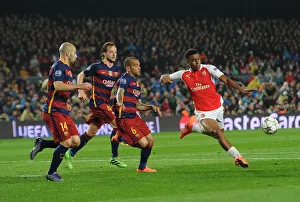 Barcelona V Arsenal 2015-16 Prints: Clash of Titans: Iwobi's Brave Battle Against Alves, Rakitic, and Mascherano