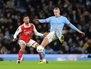 Manchester City V Arsenal 2022-23 Prints: Clash of Titans: Saliba Stands Firm Against Haaland in FA Cup Battle - Manchester City vs Arsenal (2022-23)